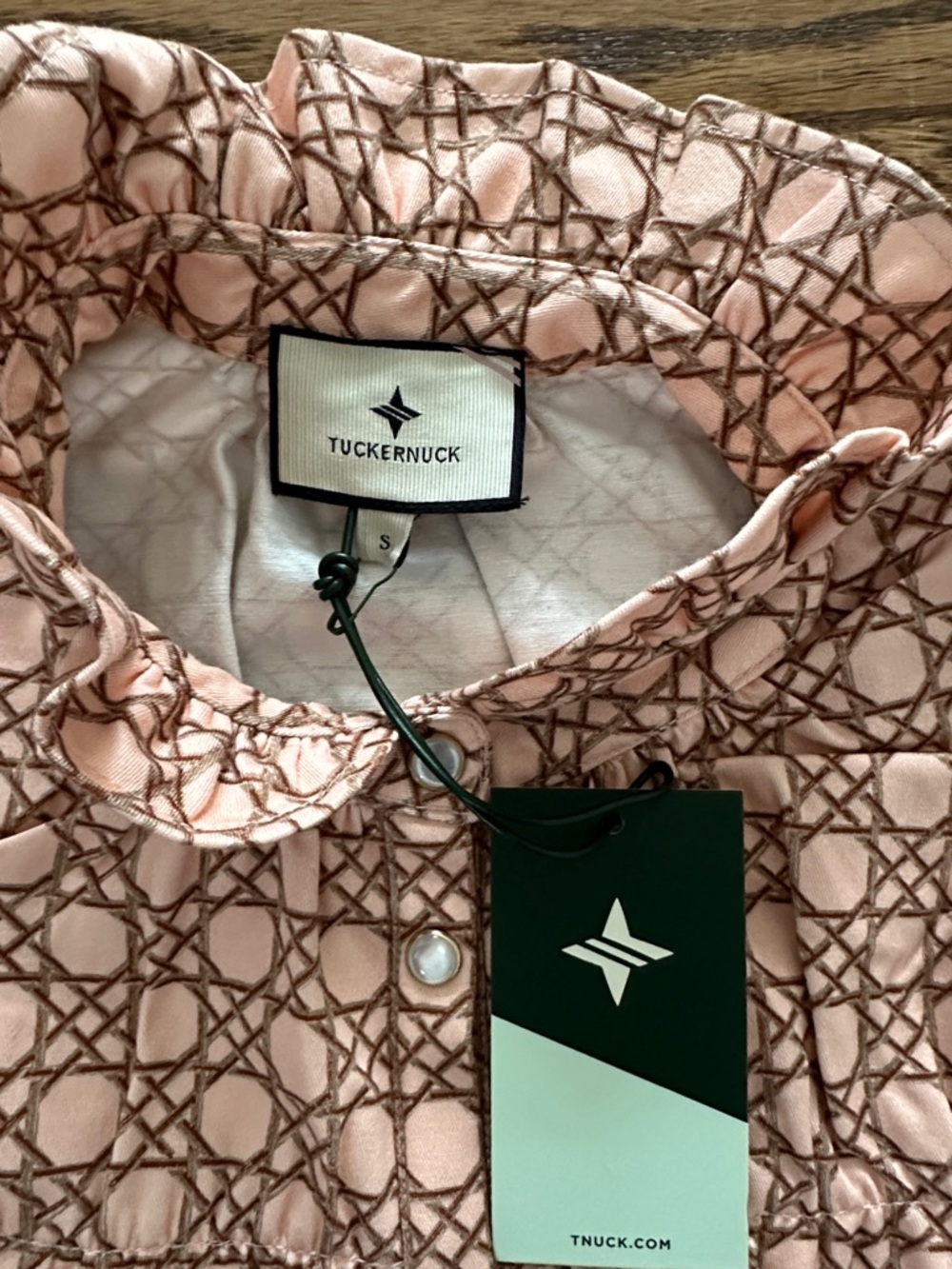 Tuckernuck Pink Patterned Ruffle-Trim Button Front Blouse - Picture 2 of 5